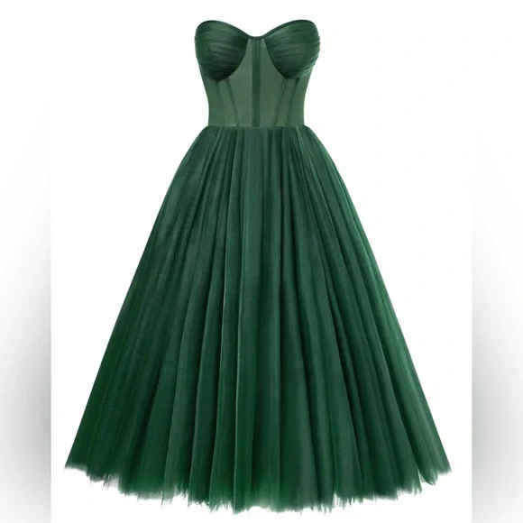 Emerald Green Strapless Puffy Midi Tulle Dress by Milla - Picture 1 of 5